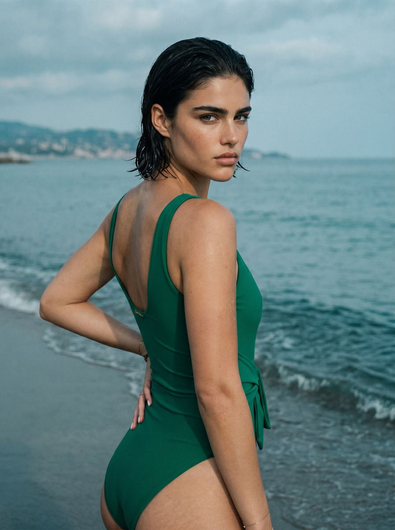 Jade green waist-tie one-piece